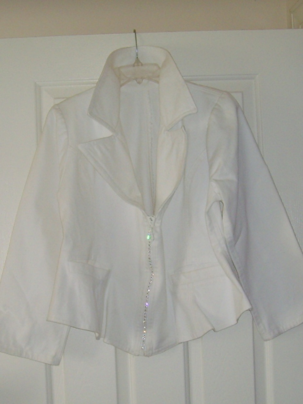 Denim Jacket Off-White with Rhinestone Front Zipper - Small